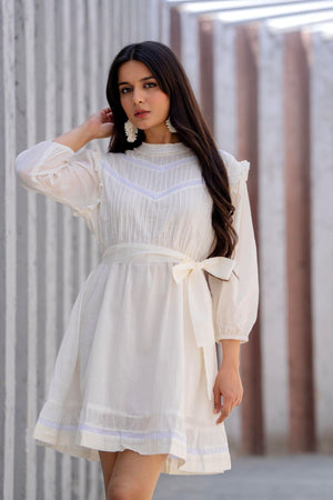 Ruffle Neck Victorian Pintuck Mini Dress