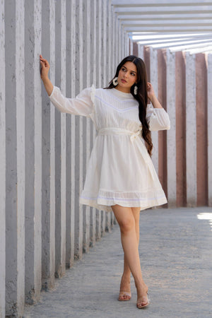 Ruffle Neck Victorian Pintuck Mini Dress