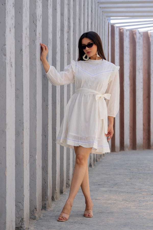 Ruffle Neck Victorian Pintuck Mini Dress