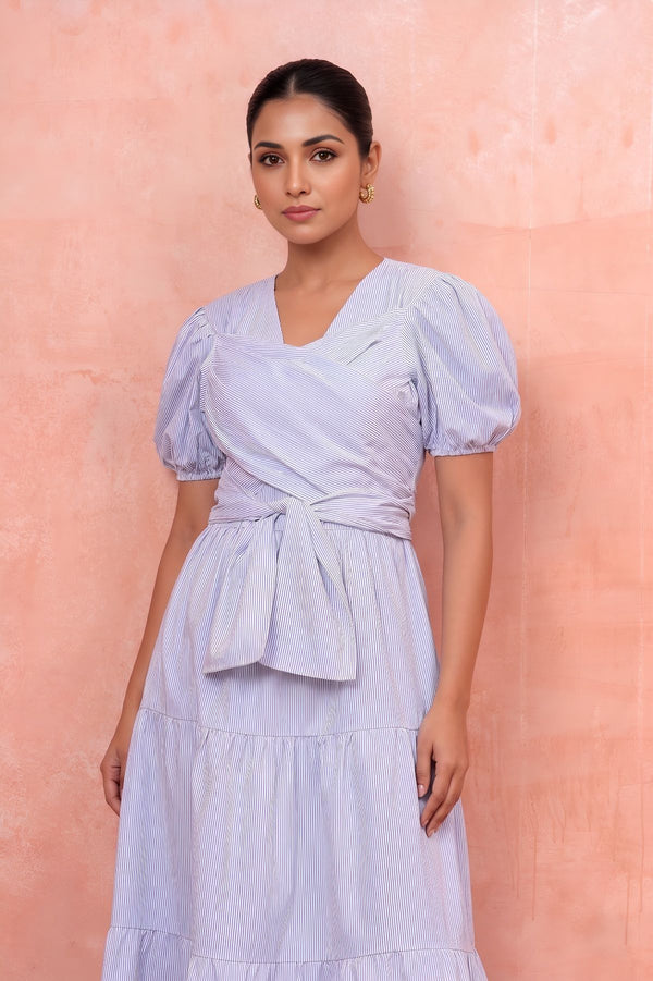 Blue Striped Wrap Maxi Dress