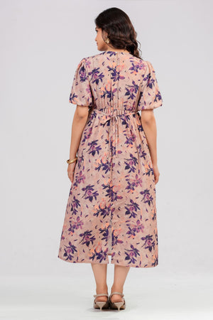 Apricot Purple Bloom Midi Dress