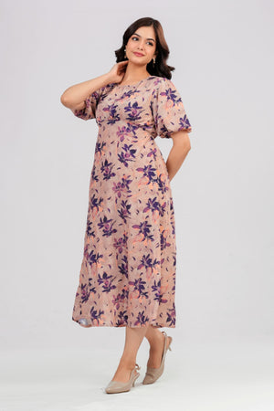 Apricot Purple Bloom Midi Dress