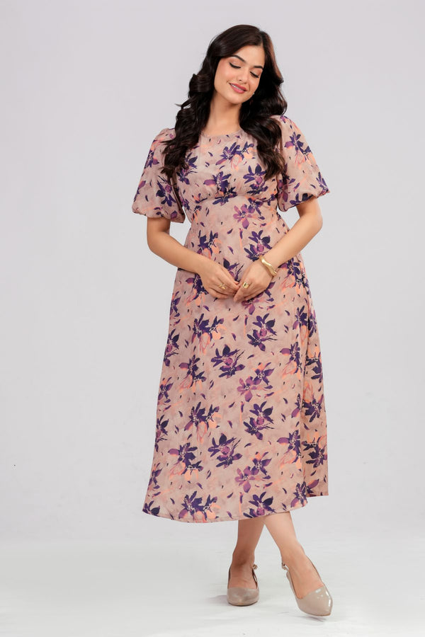 Apricot Purple Bloom Midi Dress