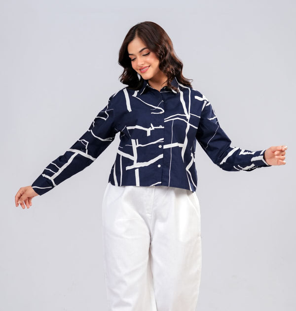 Geometric Print Loose Fit Crop Shirt