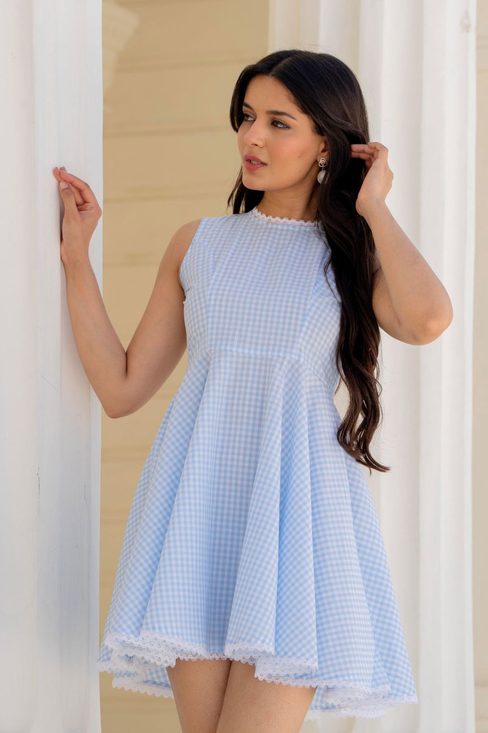 Gingham A Line Mini Dress with Crochet Lace Trim