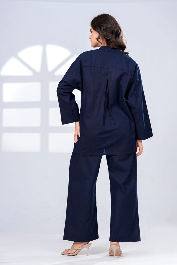 Mandarin Style Pop Over Shirt With Straight Leg Trousers