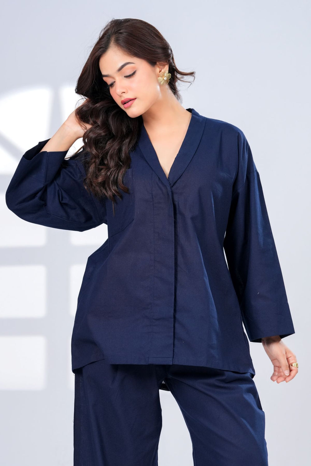 Mandarin Style Pop Over Shirt With Straight Leg Trousers