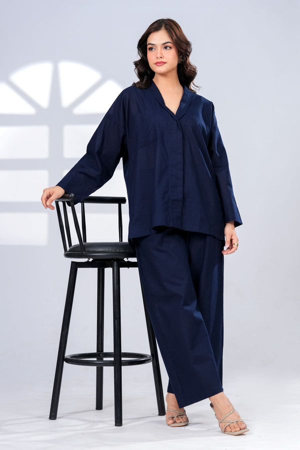 Mandarin Style Pop Over Shirt With Straight Leg Trousers