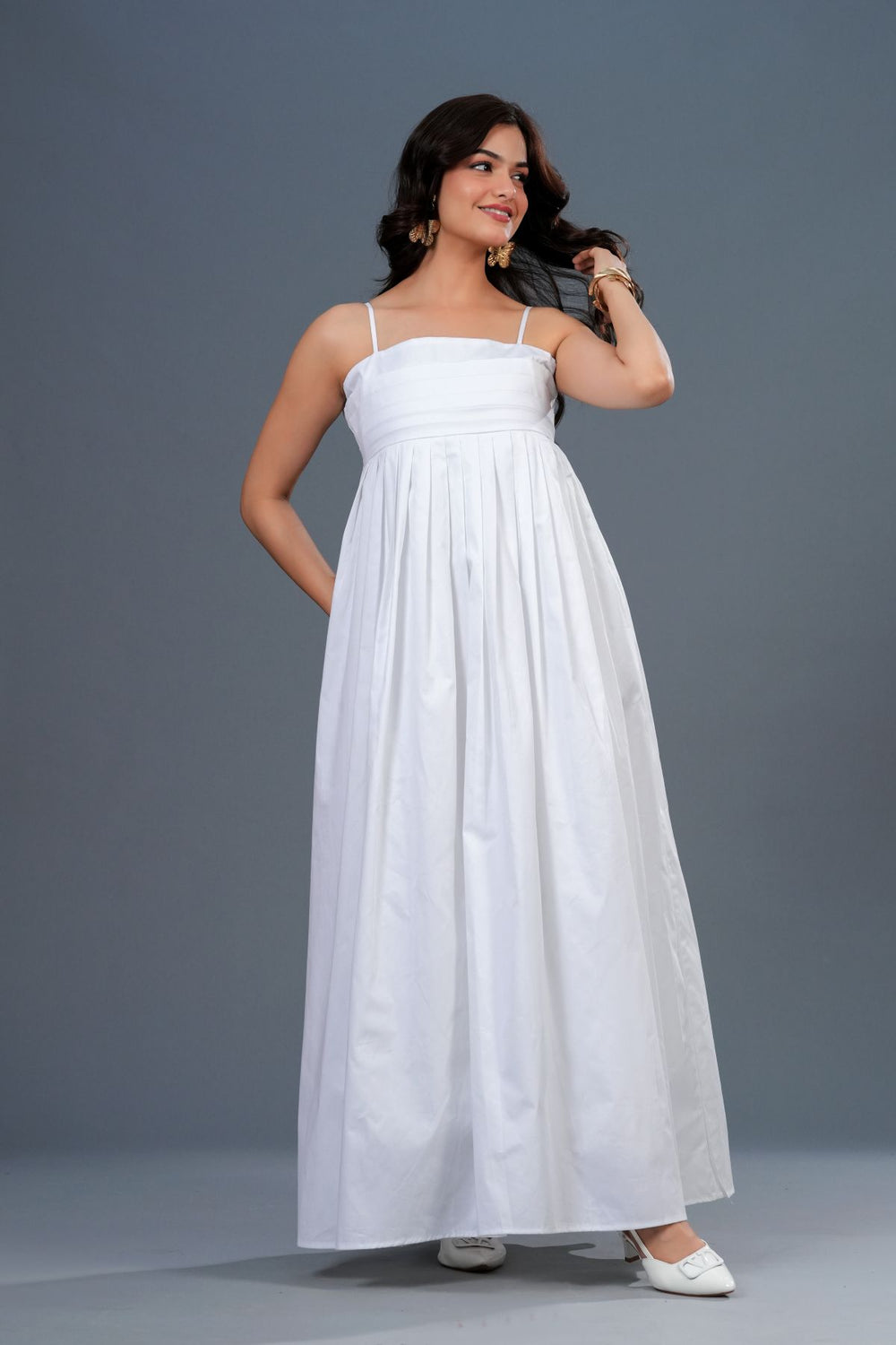 Pintucked Camisole White Maxi Dress