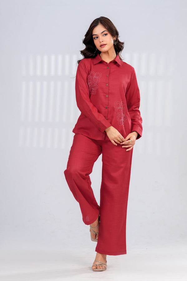 Garnet Embroidered Shirt & Trouser Set