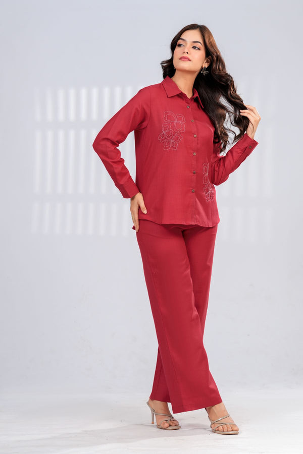 Garnet Embroidered Shirt & Trouser Set