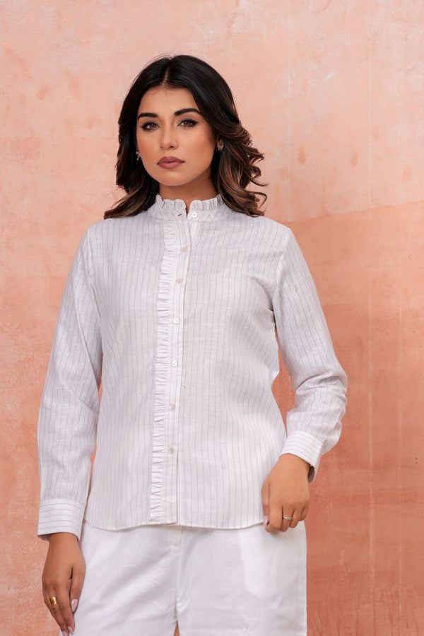 Ruffled Pinstripe Linen Shirt