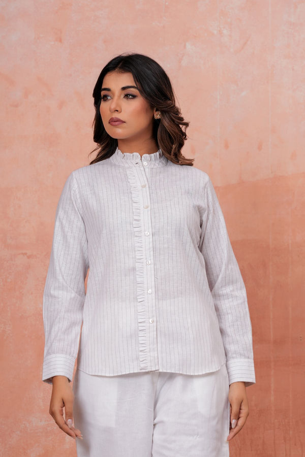 Ruffled Pinstripe Linen Shirt