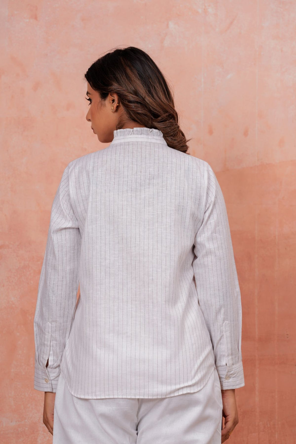 Ruffled Pinstripe Linen Shirt