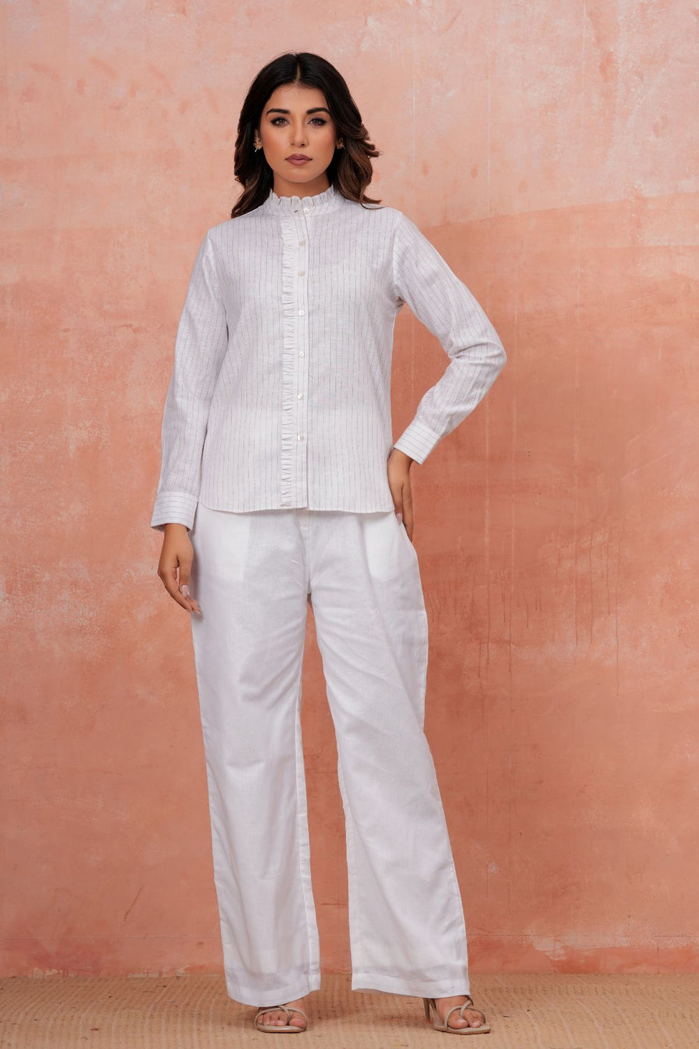 Ruffled Pinstripe Linen Shirt