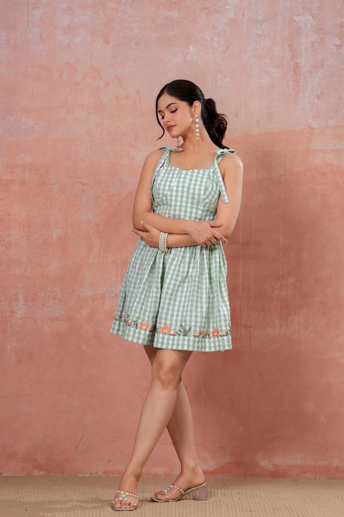 Sage Green Gingham Mini Dress